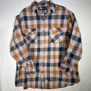 Polar King Mens Plaid Flannel Shirt Long Sleeve Button Up Size XLR Tan Blue